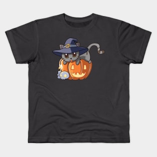 Grey Cat on a Pumpkin Kids T-Shirt